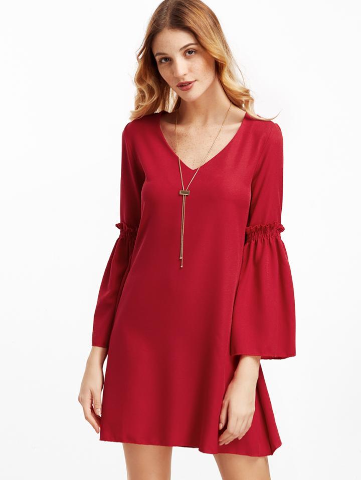 Romwe Red V Neck Bell Sleeve Shift Dress
