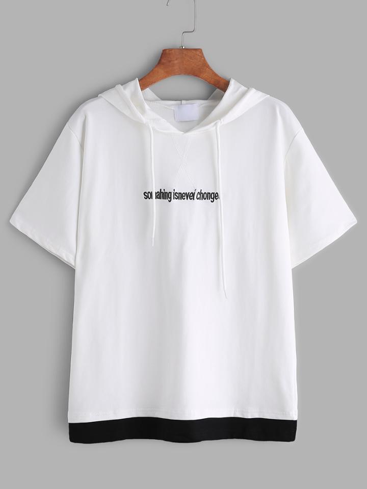 Romwe White Hooded Letter Embroidered Contrast Hem T-shirt