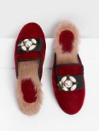 Romwe Jewelry Decorated Velvet Flats With Faux Fur