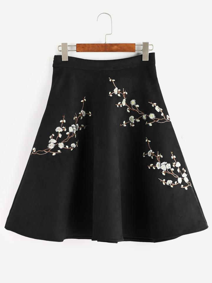 Romwe Black Plum Blossom Embroidered Suede A-line Skirt
