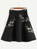 Romwe Black Plum Blossom Embroidered Suede A-line Skirt