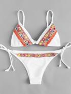 Romwe Embroidered Tie Side Bikini Set