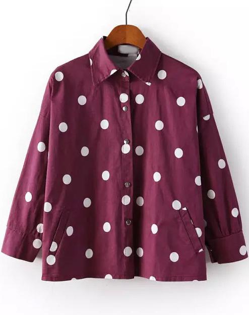 Romwe Red Lapel Polka Dot Denim Coat
