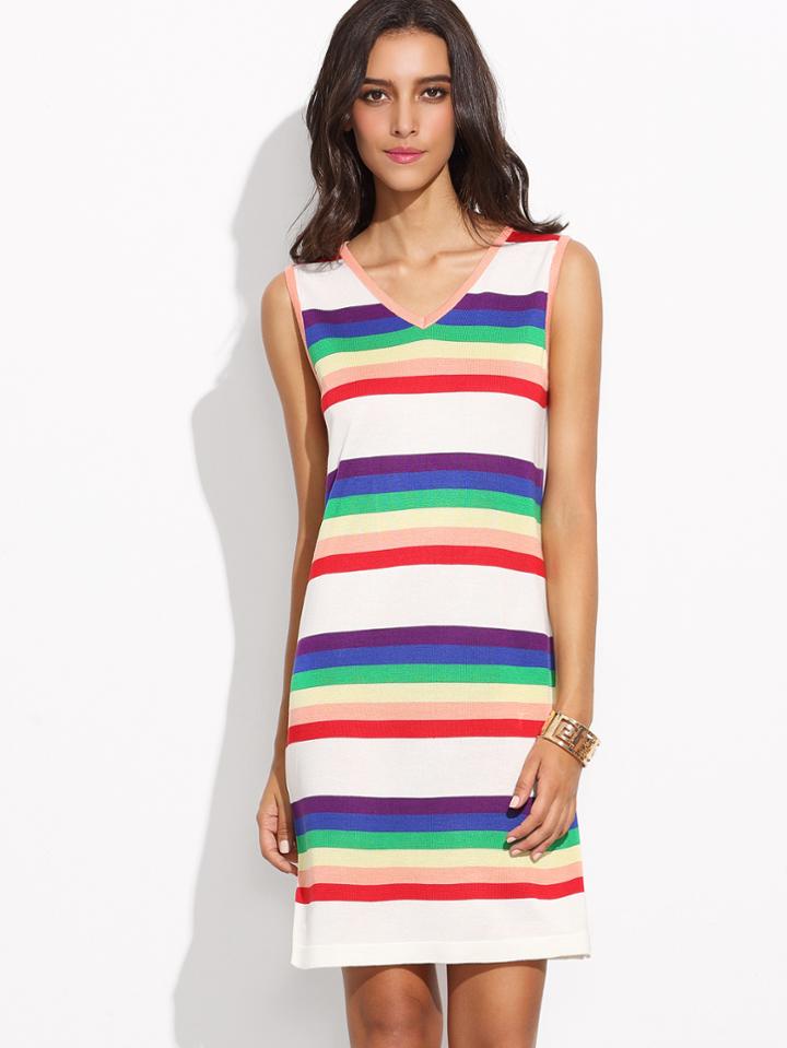 Romwe Rainbow Stripe V Neck Knit Dress
