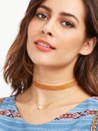 Romwe Camel Velvet Layered Faux Pearl Choker Necklace