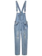 Romwe Blue Strap Ripped Pockets Overall Jeans
