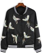 Romwe Birds Embroidered Crop Black Jacket
