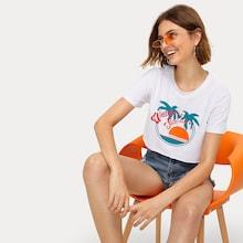 Romwe Coconut Trees & Letter Print Crop Tee
