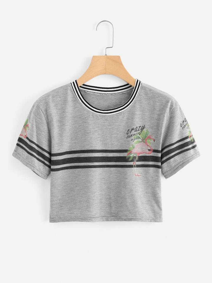 Romwe Striped Flamingos Print Crop Tee