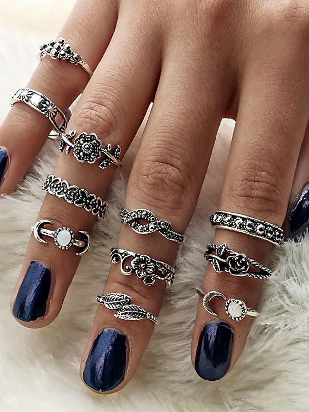 Romwe At-silver 11pcs/set Moon Flower Leaf Jewelry Rings
