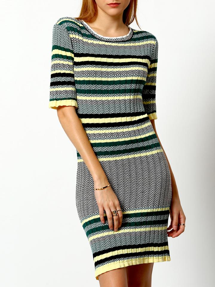 Romwe Round Neck Striped Slim Sweater Dress