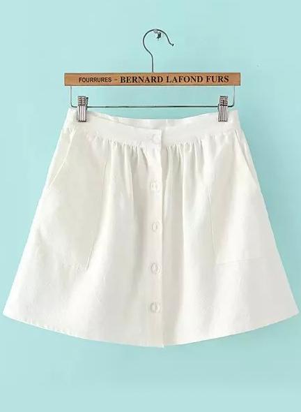 Romwe Single-breasted With Pockets White Skirt