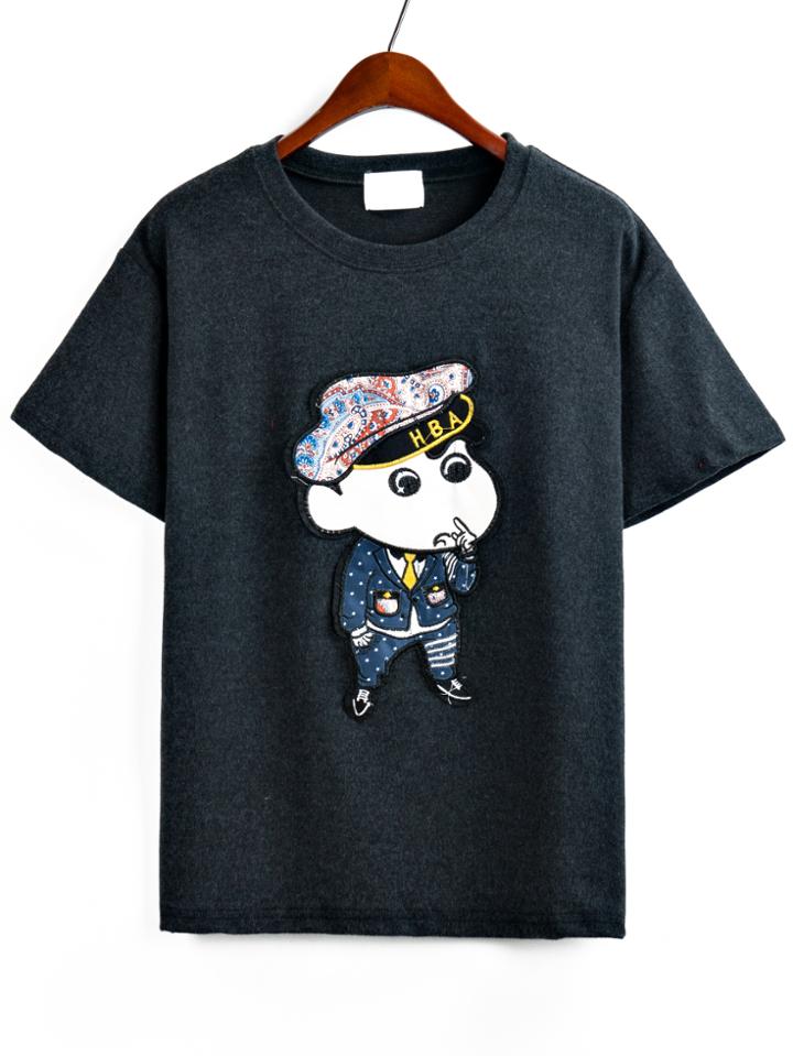 Romwe Cartoon Embroidered Grey T-shirt