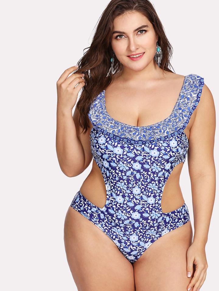 Romwe Flower Print Cut Out Swimsuit