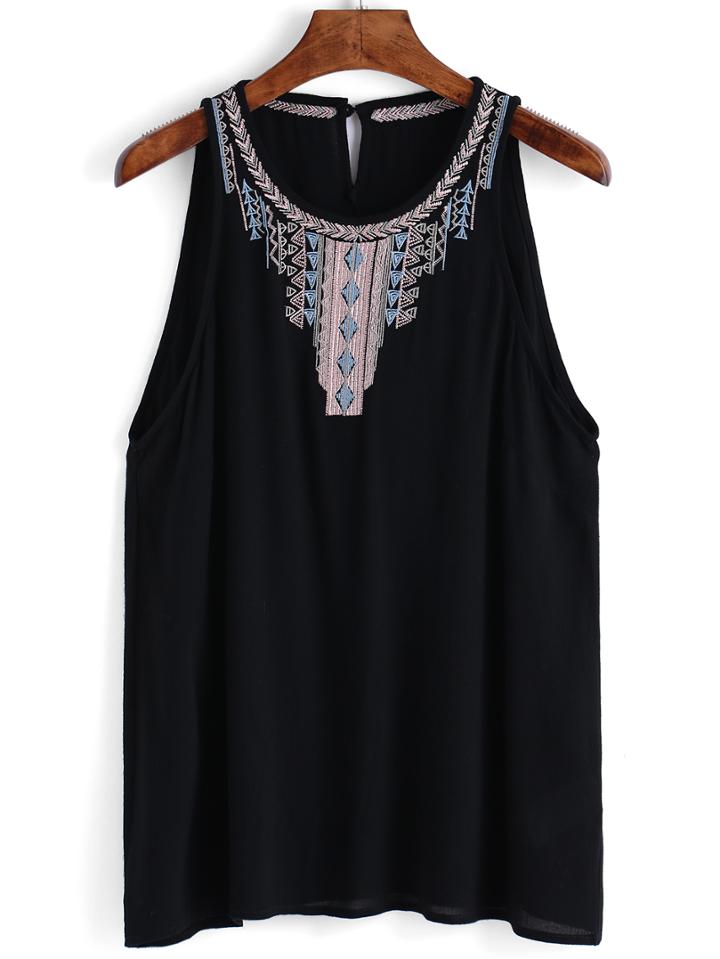 Romwe Embroidered Black Tank Top