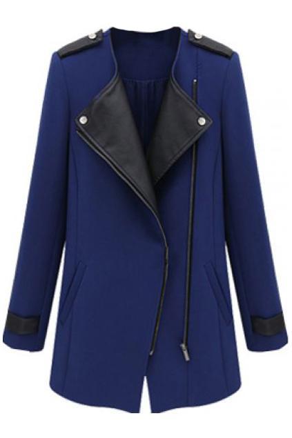 Romwe Vinyl Panel Long Sleeves Deep Blue Coat