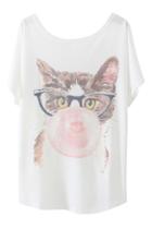 Romwe Cute Cat And Bubble Print Batwing Sleeves White T-shirt