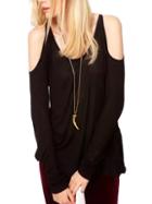 Romwe Long Sleeve Open Shoulder T-shirt