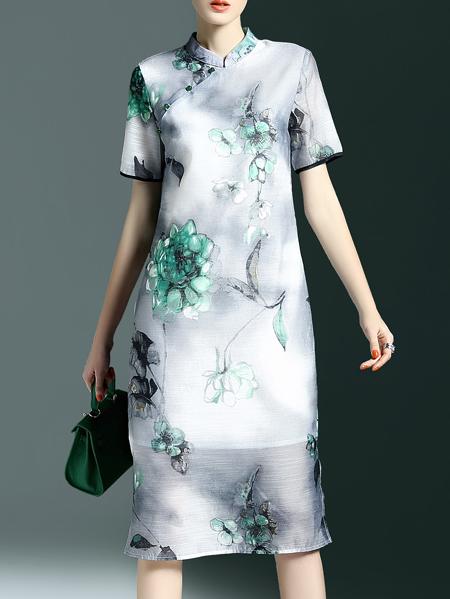 Romwe Grey Collar Print Shift Split Dress