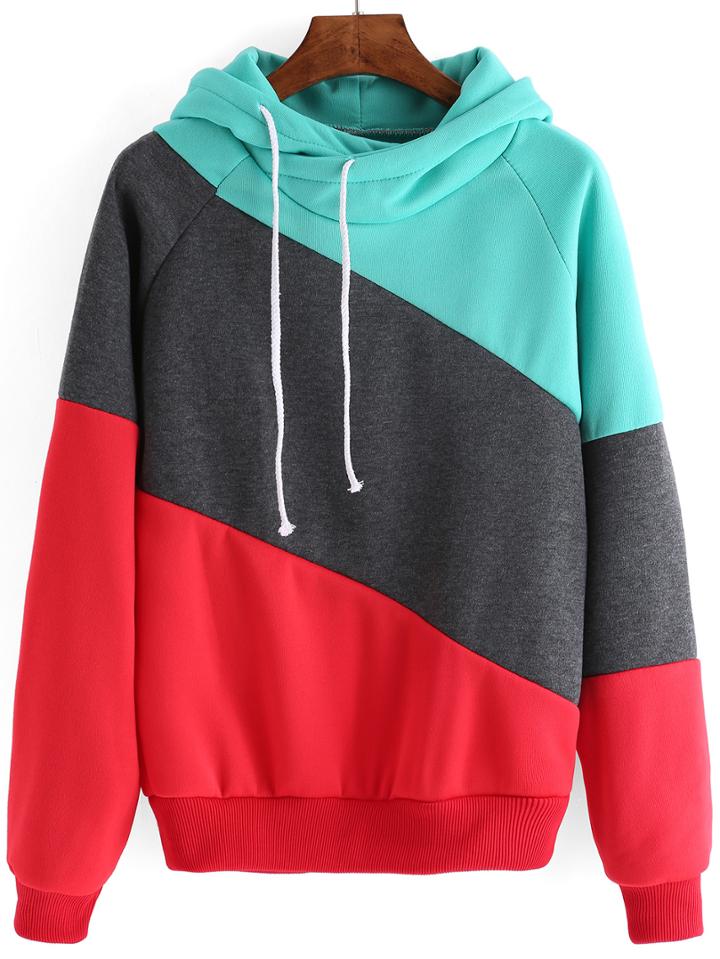 Romwe Women Hooded Drawstring Red Grey Sweatshirt
