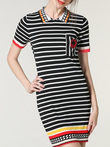 Romwe Black White Striped Lapel Sheath Dress