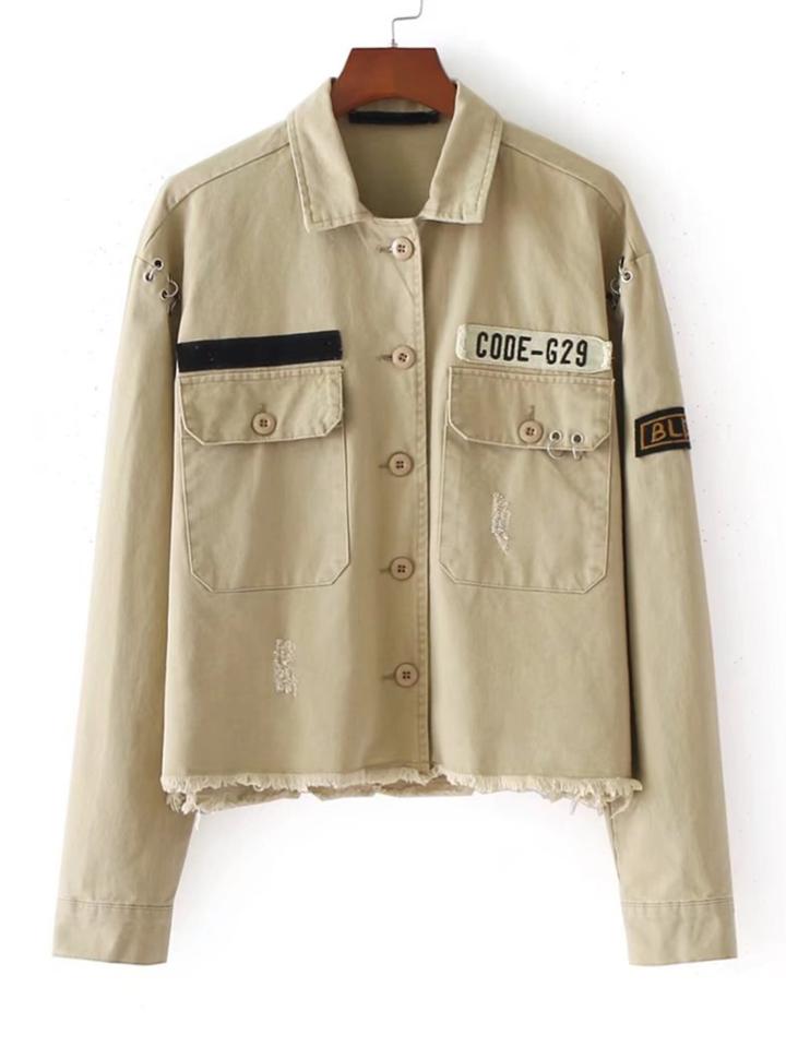 Romwe Fray Hem Patch Ring Detail Jacket