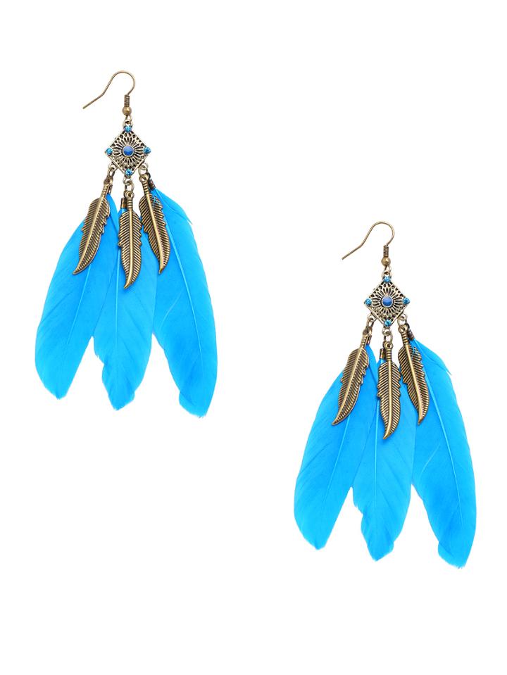 Romwe Blue Retro Leaf Feather Drop Earrings