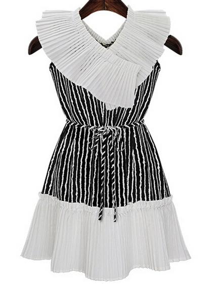 Romwe Contrast Collar Vertical Striped Chiffon Pleated Black Dress