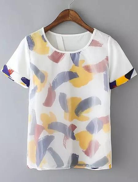 Romwe White Short Sleeve Graffiti Print Sheer Mesh Blouse