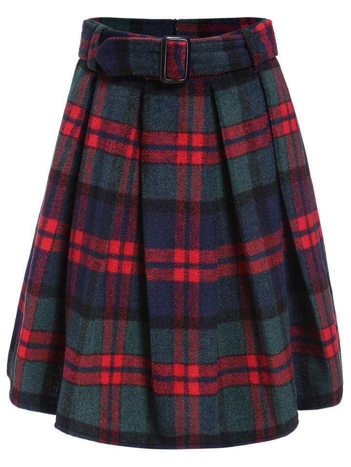 Romwe Plaid Pleated Red Skirt