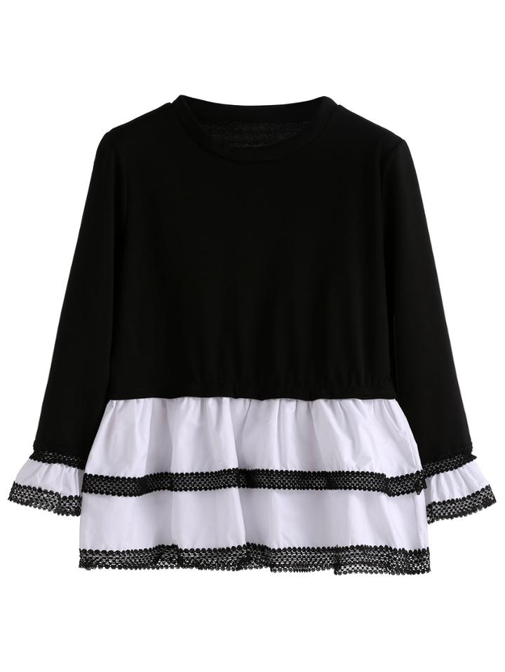 Romwe Black White Lace Contrast Peplum T-shirt