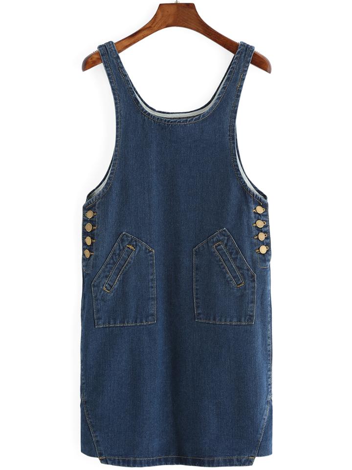 Romwe Scoop Neck Denim Blue Tank Dress With Pockets