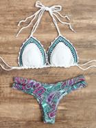 Romwe Printed Cutout Detail Crochet Bikini Set