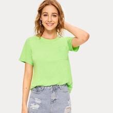 Romwe Pocket Front Neon Green Tee