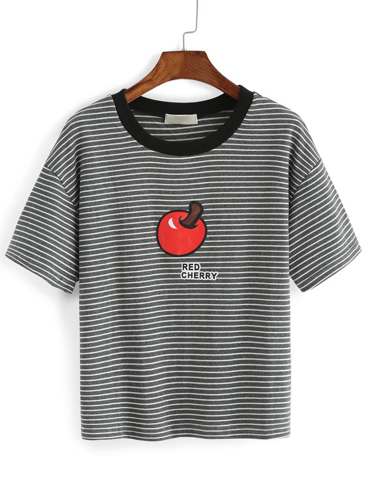Romwe Striped Apple Print Grey T-shirt