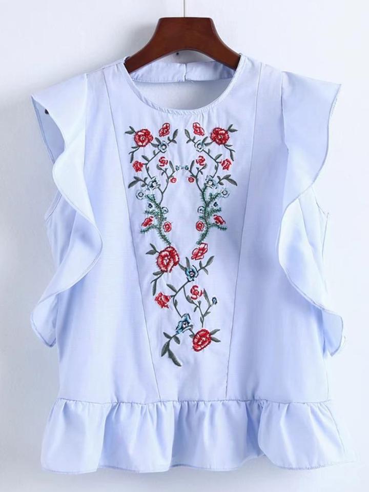 Romwe Ruffle Hem V Back Embroidery Top