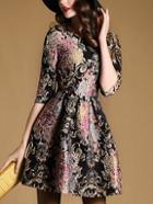 Romwe Black Round Neck Half Sleeve Jacquard Dress