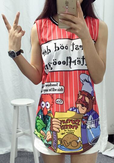 Romwe Vertical Striped Cartoon Print Tank Top