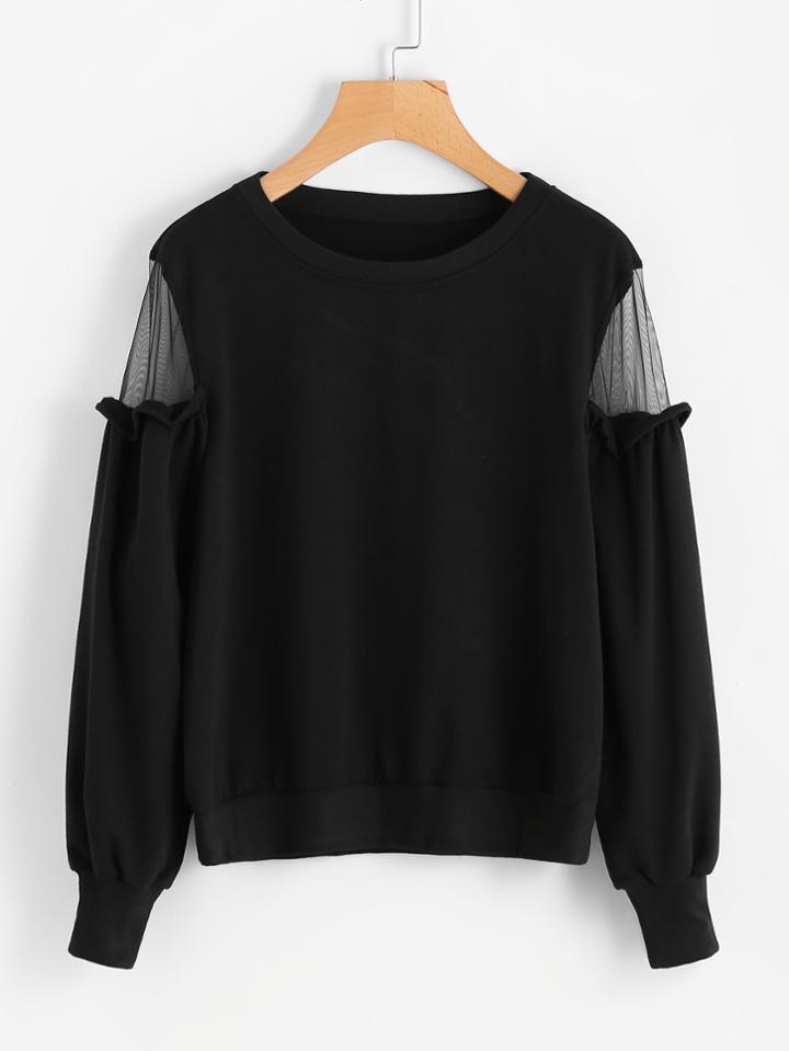Romwe Sheer Mesh Shoulder Frill Trim Sweatshirt