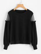 Romwe Sheer Mesh Shoulder Frill Trim Sweatshirt