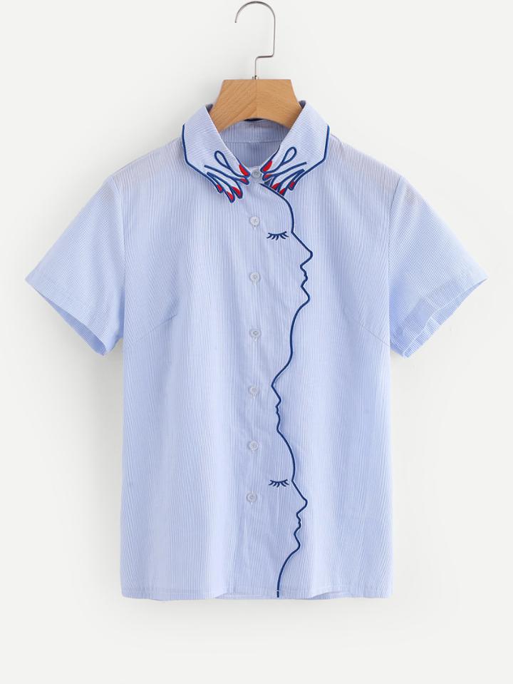 Romwe Embroidered Hand-shaped Collar Vertical Striped Shirt