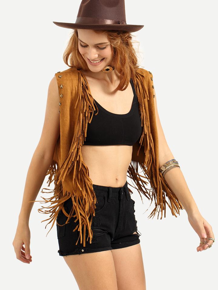 Romwe Faux Suede Studded Fringe Vest - Camel