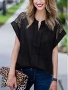 Romwe Hollow Out Shoulder Layered Placket Blouse - Black