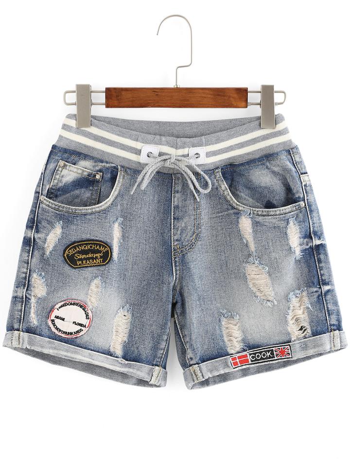 Romwe Ripped Patch Cuffed Denim Shorts With Draw Cord Waist
