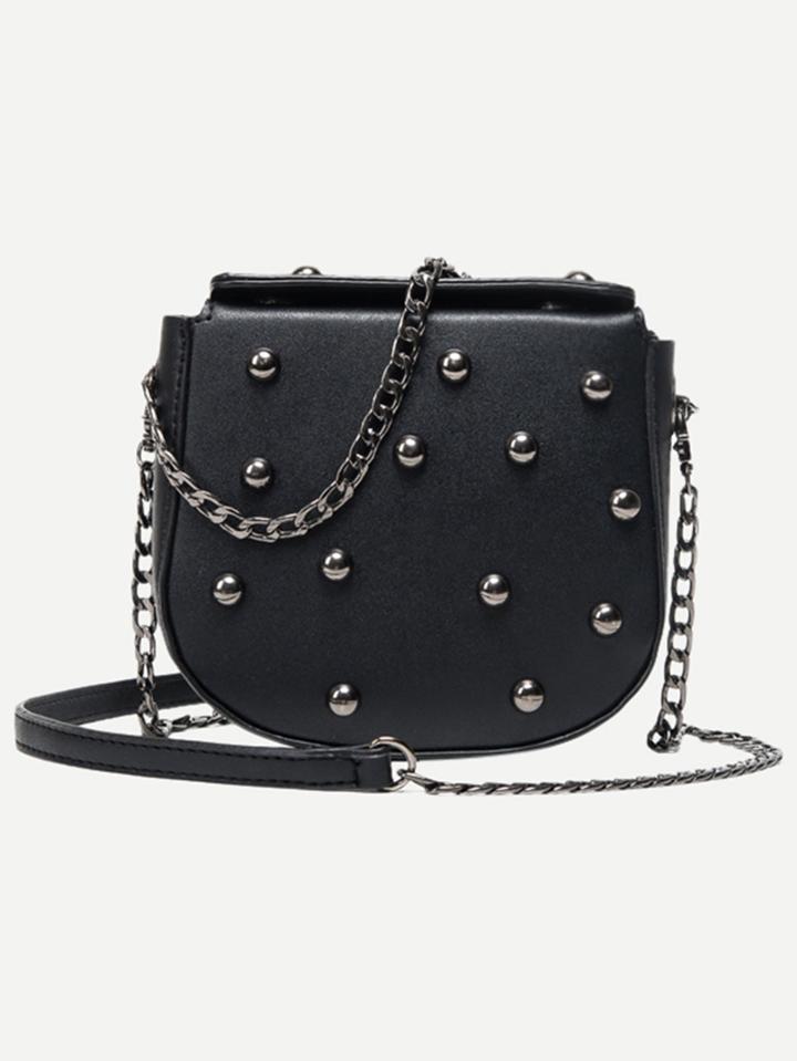 Romwe Black Faux Leather Studded Saddle Bag