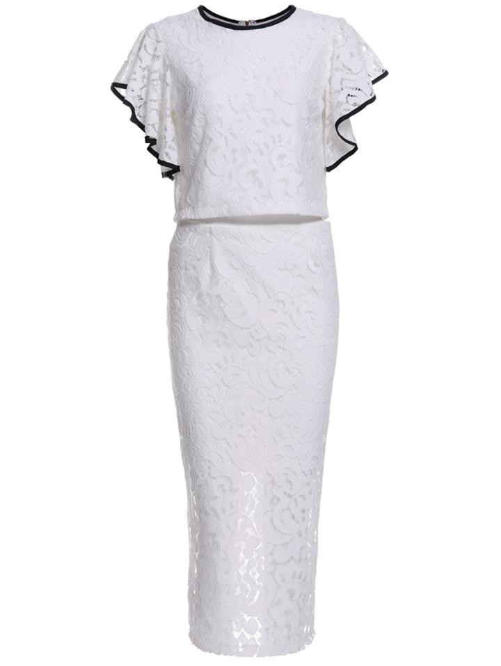 Romwe Ruffle Sleeve Back Zipper Top With Lace Skirt