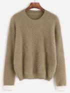 Romwe Khaki Drop Shoulder Fuzzy Sweater