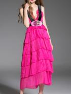 Romwe Hot Pink Deep V Backless Ruffle Long Dress