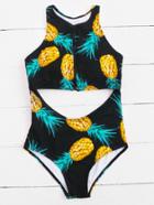 Romwe Pineapple Print Cutout Zipper One Piece Swimwear