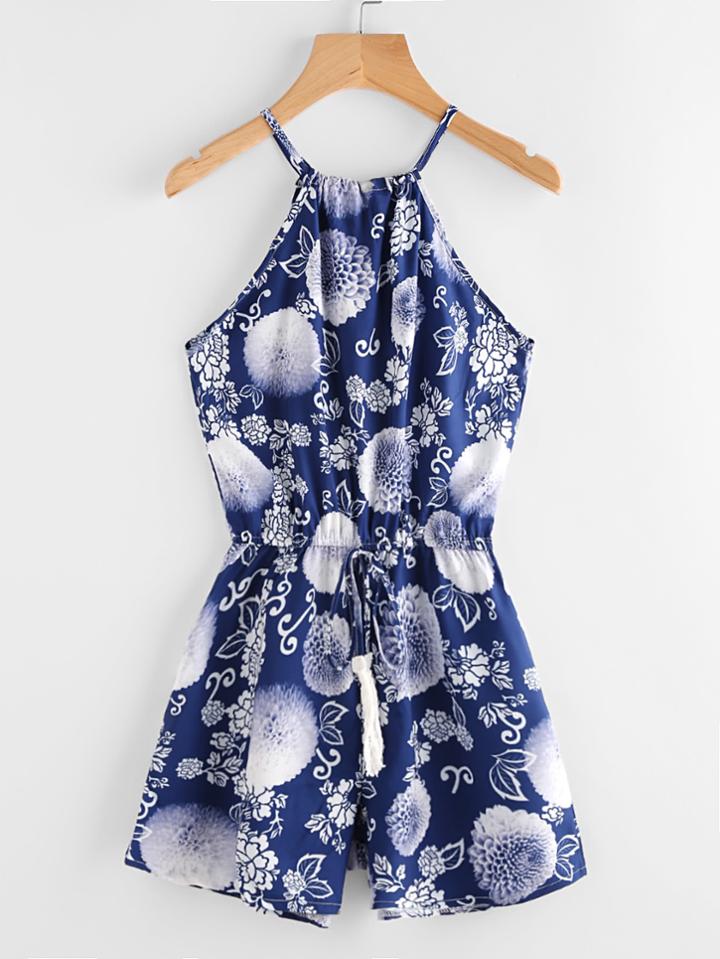 Romwe Printed Random Drawstring Waist Cami Romper